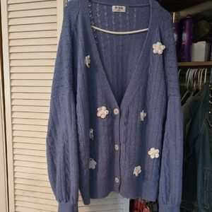 Cozy Blue Floral-Appliqué Knit Cardigan Sweater